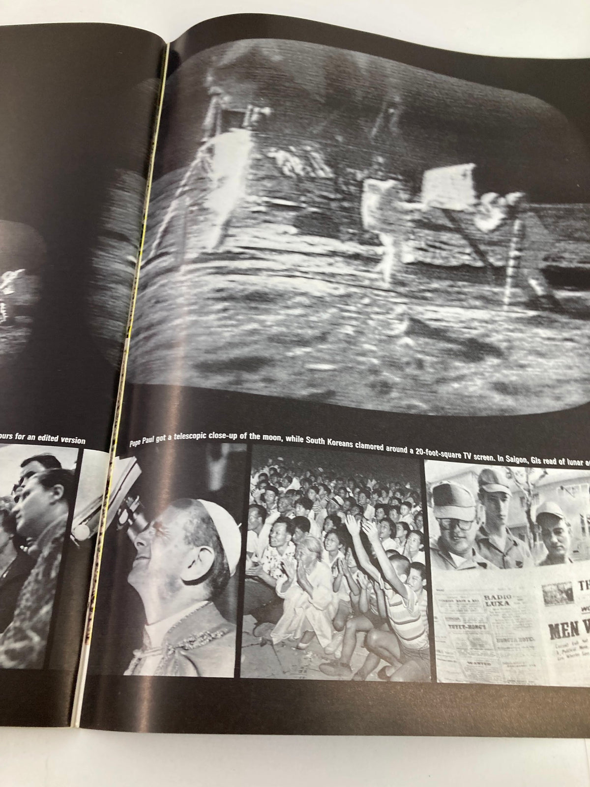 Another black and white spread from VTG Life Magazine 1969 To The Moon and Back depicting various global reactions to the moon landing, with images of Pope Paul and enthusiastic crowds.
