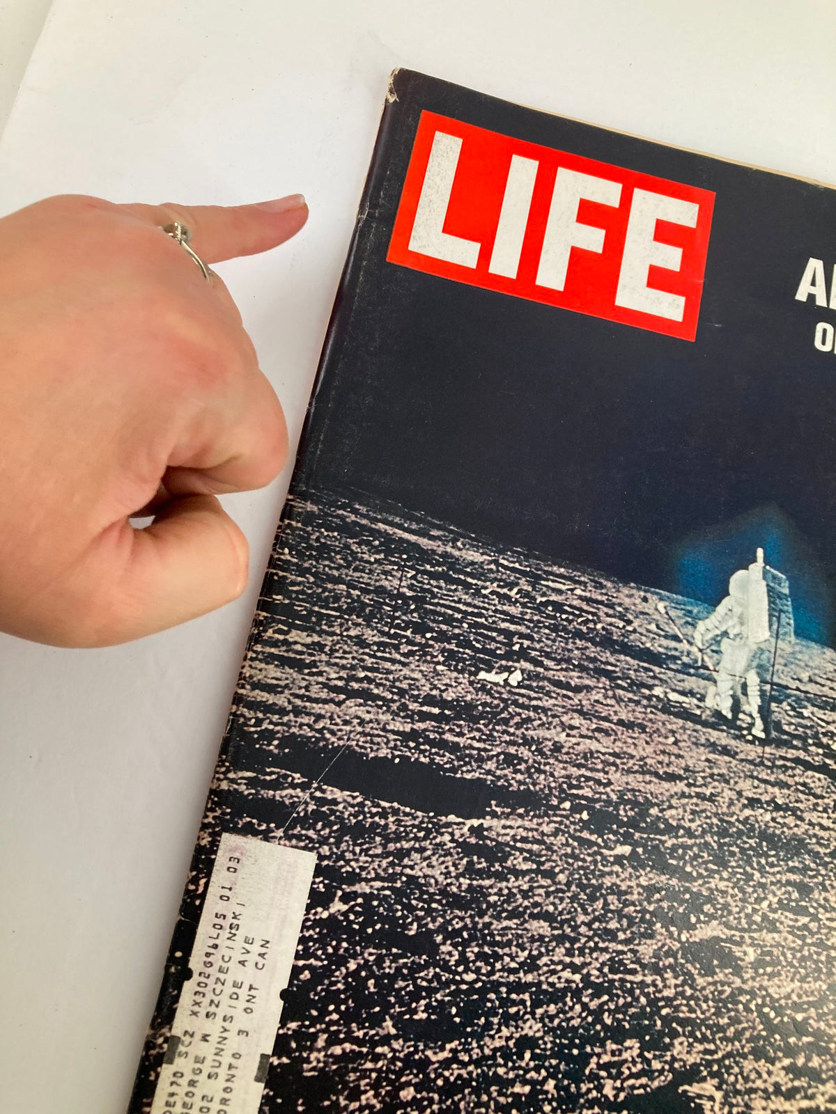 Close-up view of the cover of VTG Life Magazine December 12 1969 highlighting the Apollo 12 on the moon with visible address label.