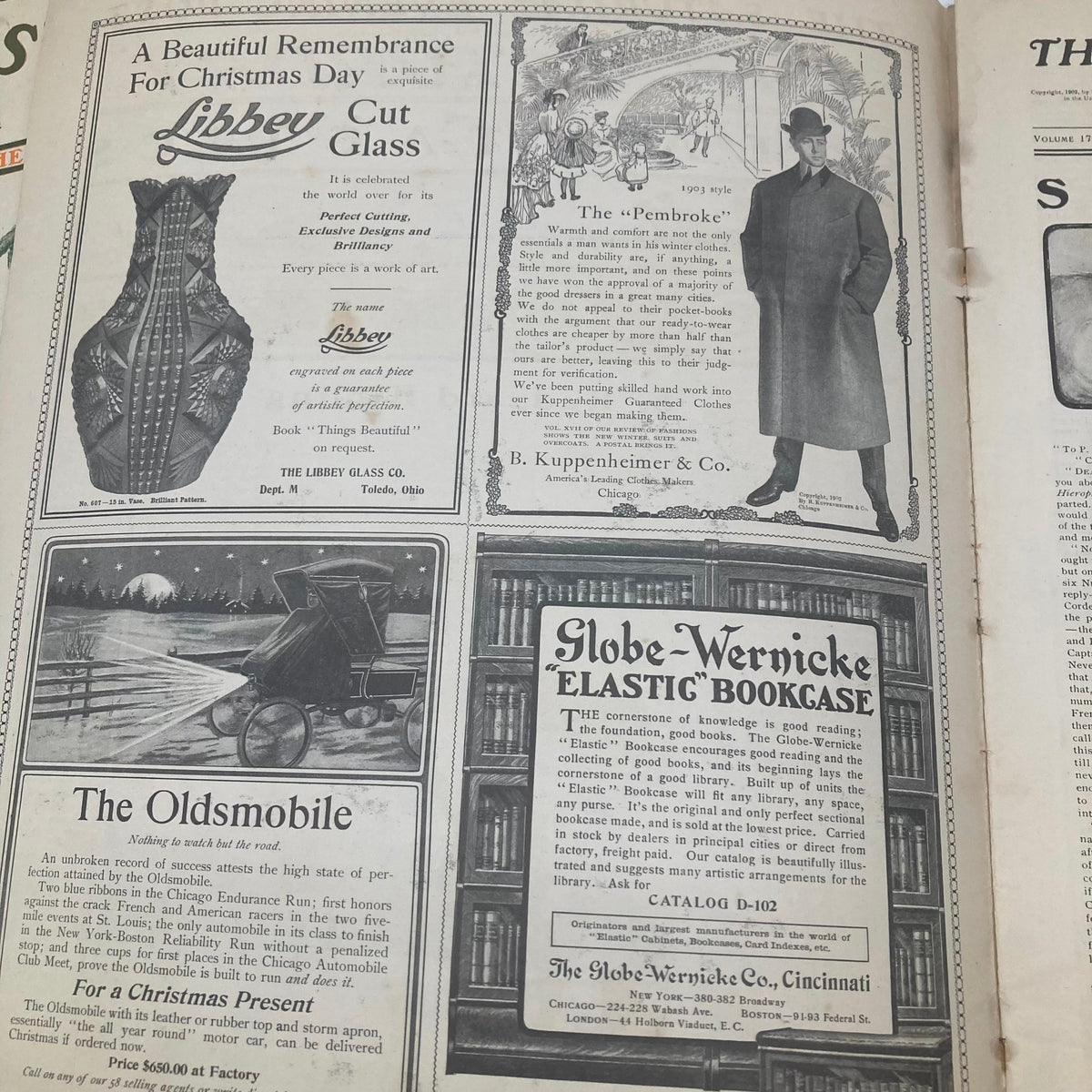 Vintage advertisement page from the Saturday Evening Post Illustrated Cover December 6 1902 The Christmas Number, featuring Libbey cut glass, the Oldsmobile car, and the Globe-Wernicke elastic bookcase.