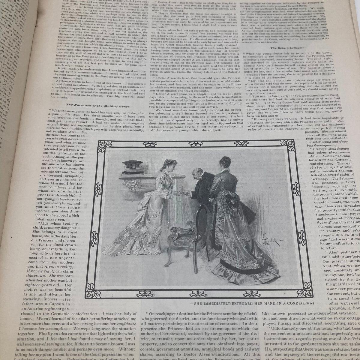 An interior page from the Saturday Evening Post December 20 1902 showcasing an illustration of two women in elegant dresses conversing.