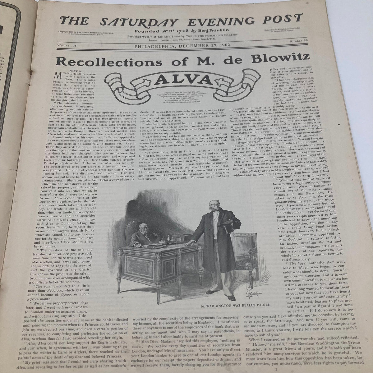 Inside page of the Saturday Evening Post Illustrated Cover December 27 1902, showcasing an article titled 'Recollections of M. de Blowitz' with an illustration of a distinguished man in a formal setting.