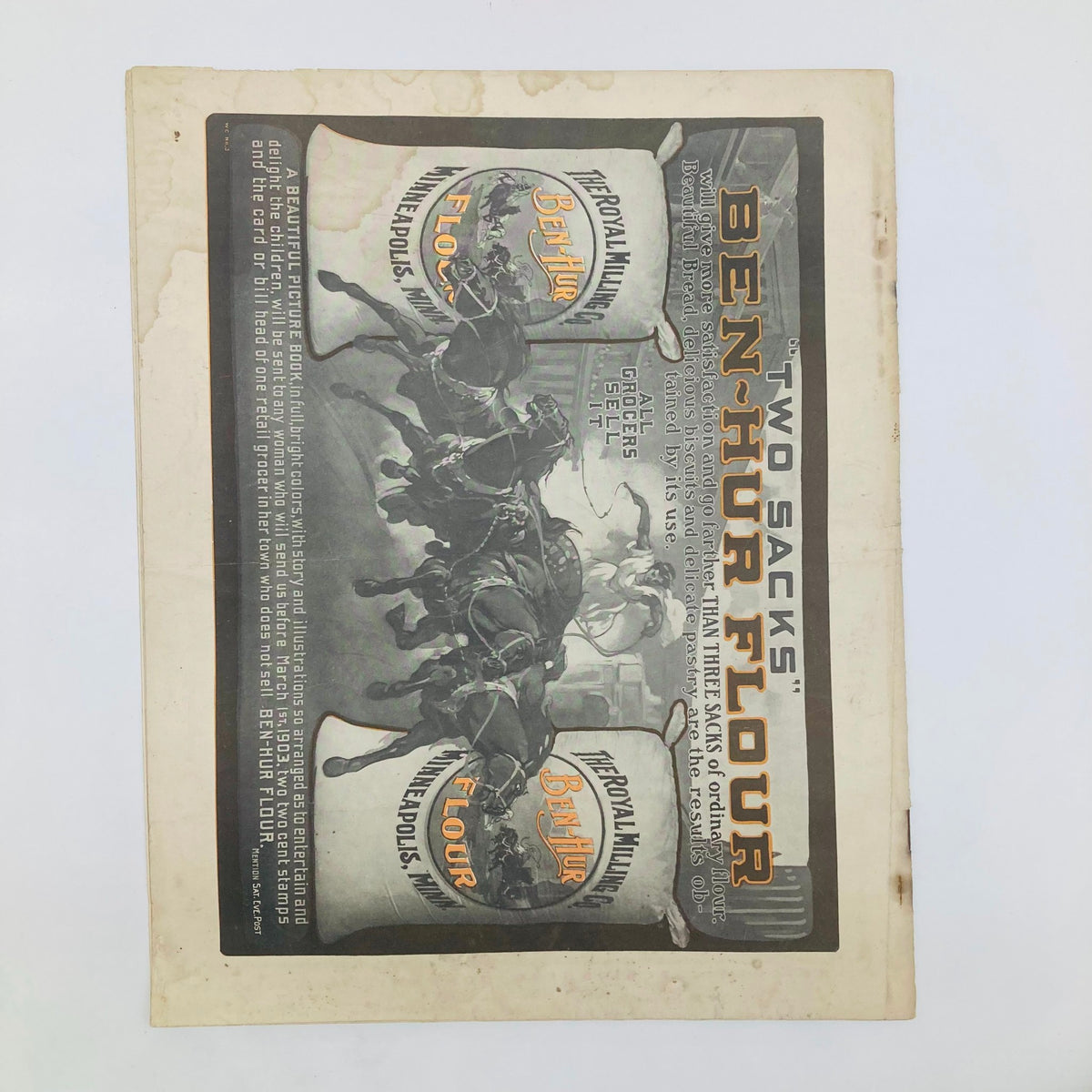 Historical advertisement for Ben-Hur Flour featuring illustrated horses pulling sacks, from the Saturday Evening Post, December 27 1902, M. de Blowitz Cover.