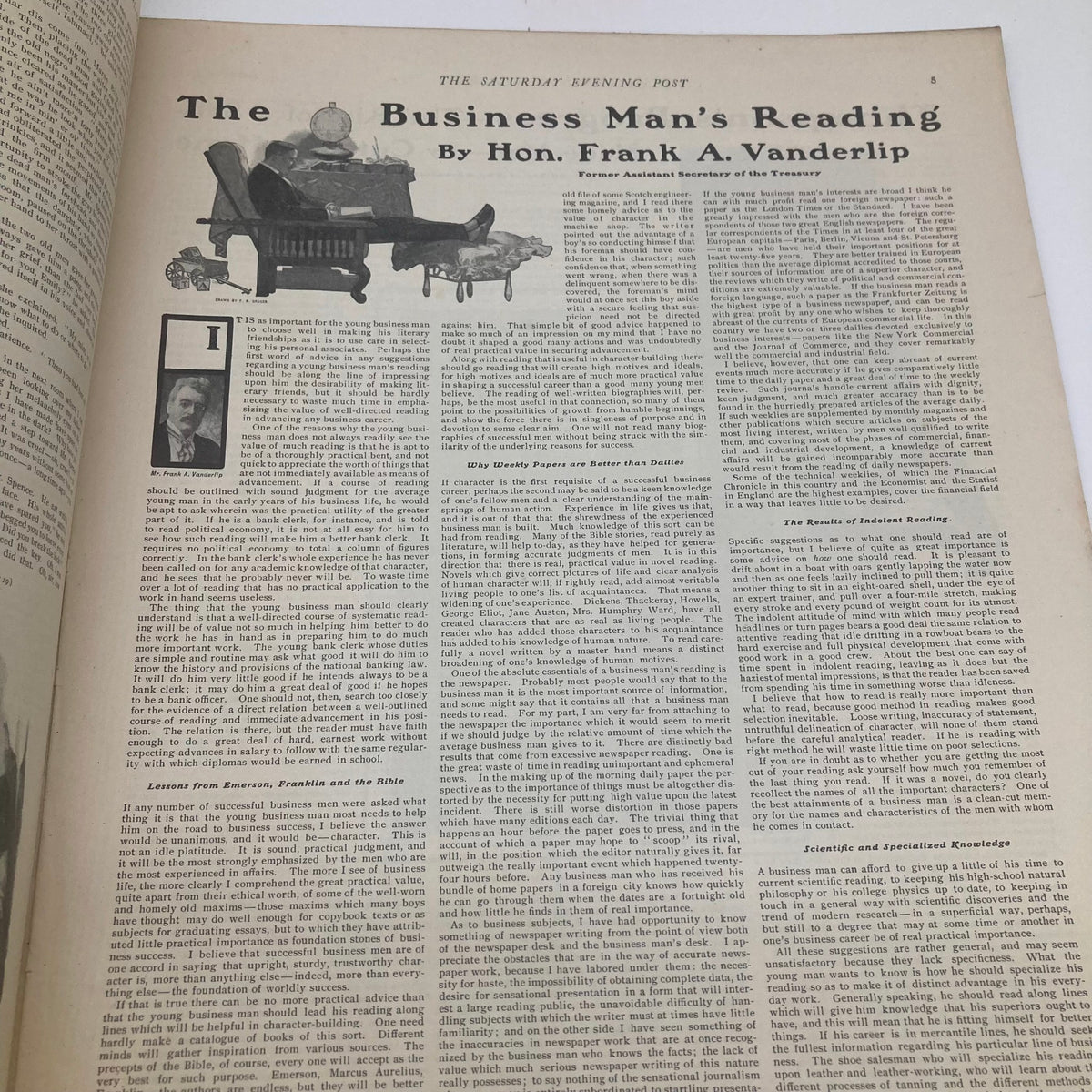 Inside page of the Saturday Evening Post, January 25 1902, featuring an article titled 'The Business Man's Reading' by Hon. Frank A. Vanderlip, exemplifying early 20th-century journalism.