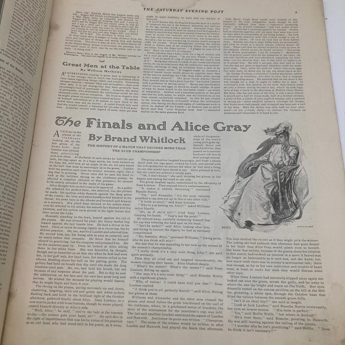 Inside page of the Saturday Evening Post Illustrated Cover from March 21, 1903, featuring the article 'The Finals and Alice Gray' by Brand Whitlock.
