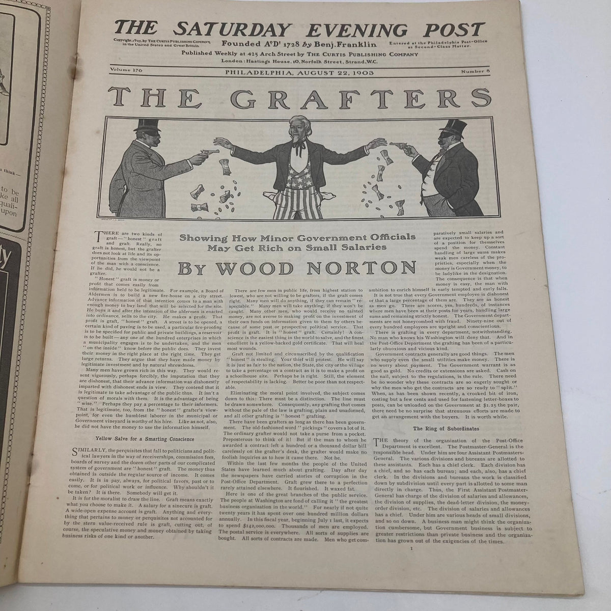 Inside page of the Saturday Evening Post August 22 1903 showing an article titled 'The Grafters' by Wood Norton.