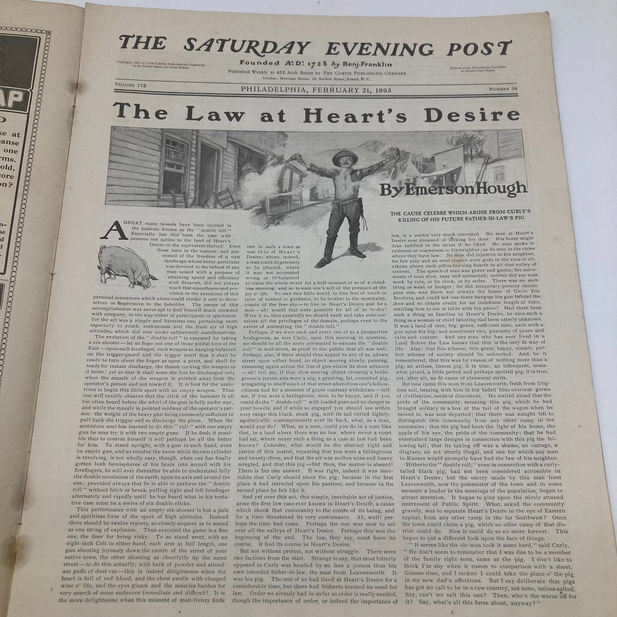 Inside page of the February 21, 1903 Saturday Evening Post featuring the story 'The Law at Heart's Desire' by Emerson Hough.