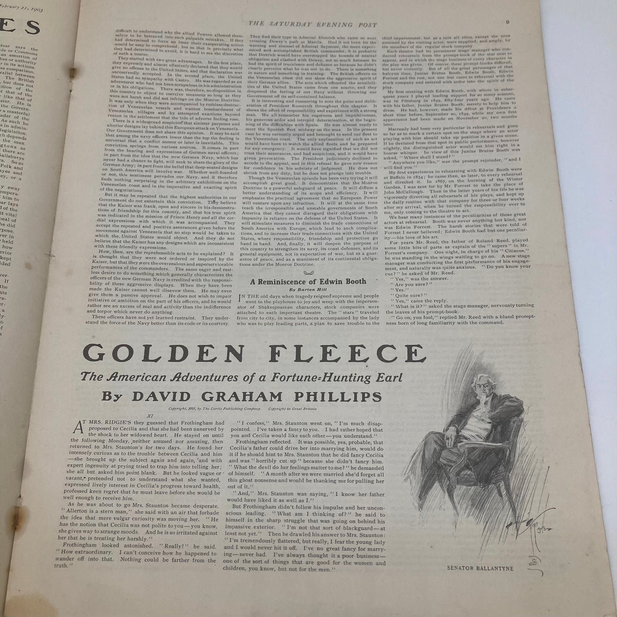 Another inside page from the February 21, 1903 Saturday Evening Post, including an article titled 'Golden Fleece' by David Graham Phillips.