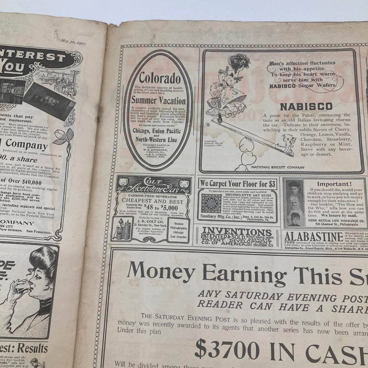 Interior advertisement page of the Saturday Evening Post from May 30, 1903, featuring various advertisements, including vacation promotions.