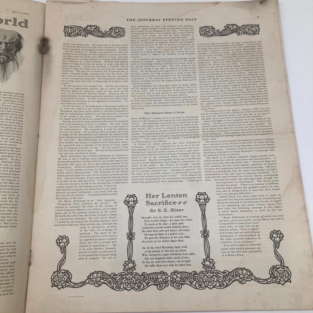 Inside page of the Saturday Evening Post from April 4, 1903, featuring an article titled 'Her Lenten Sacrifice' with ornate border decorations.