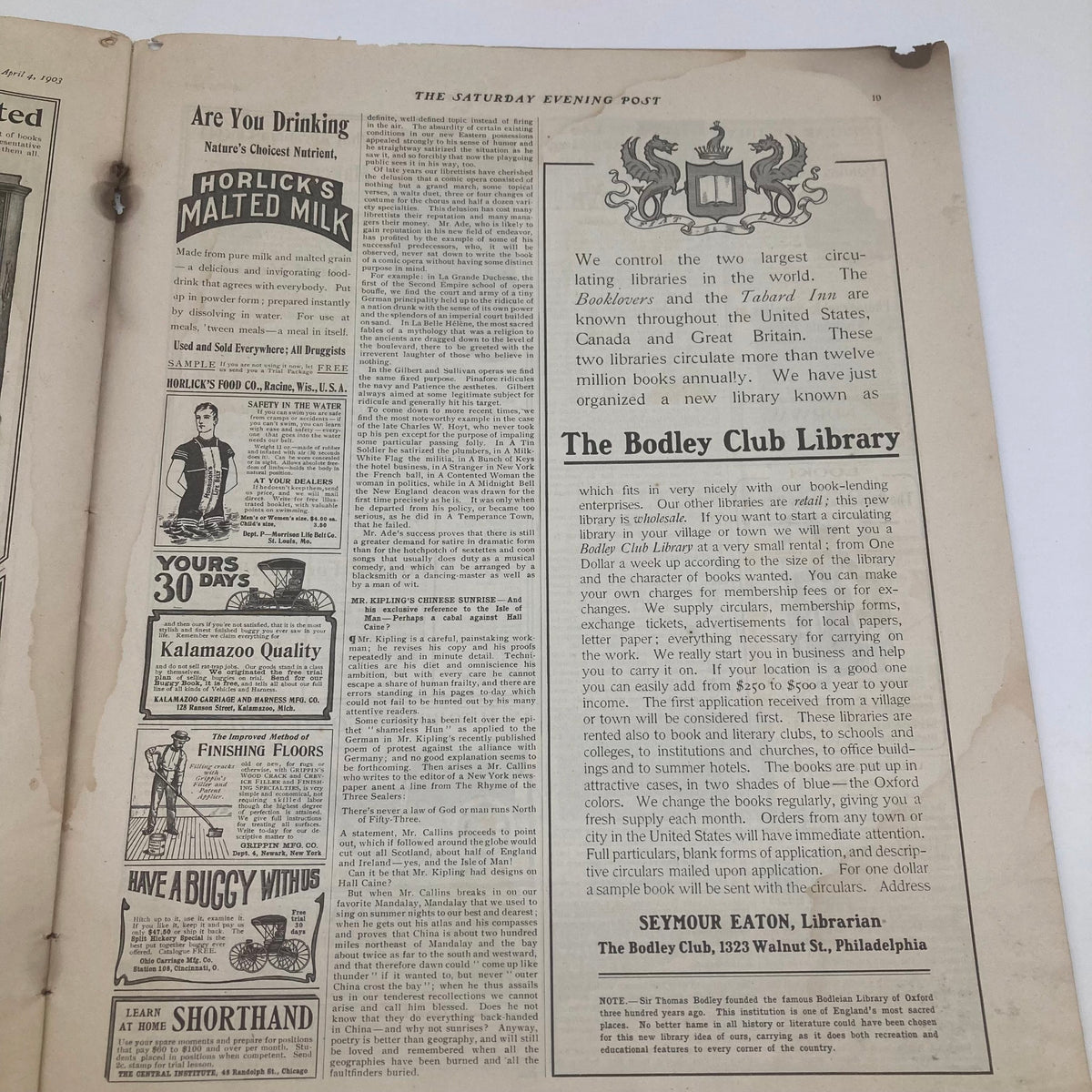 Inside page of the Saturday Evening Post from April 4, 1903, displaying an advertisement section with various promotions and the publication's branding.