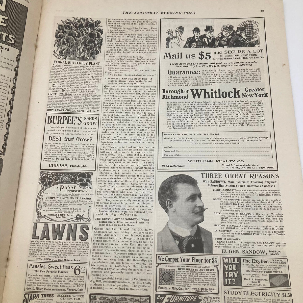 Interior page of the Saturday Evening Post from March 7, 1903, displaying advertisements and articles, representing the publication's vintage appeal and nostalgia.