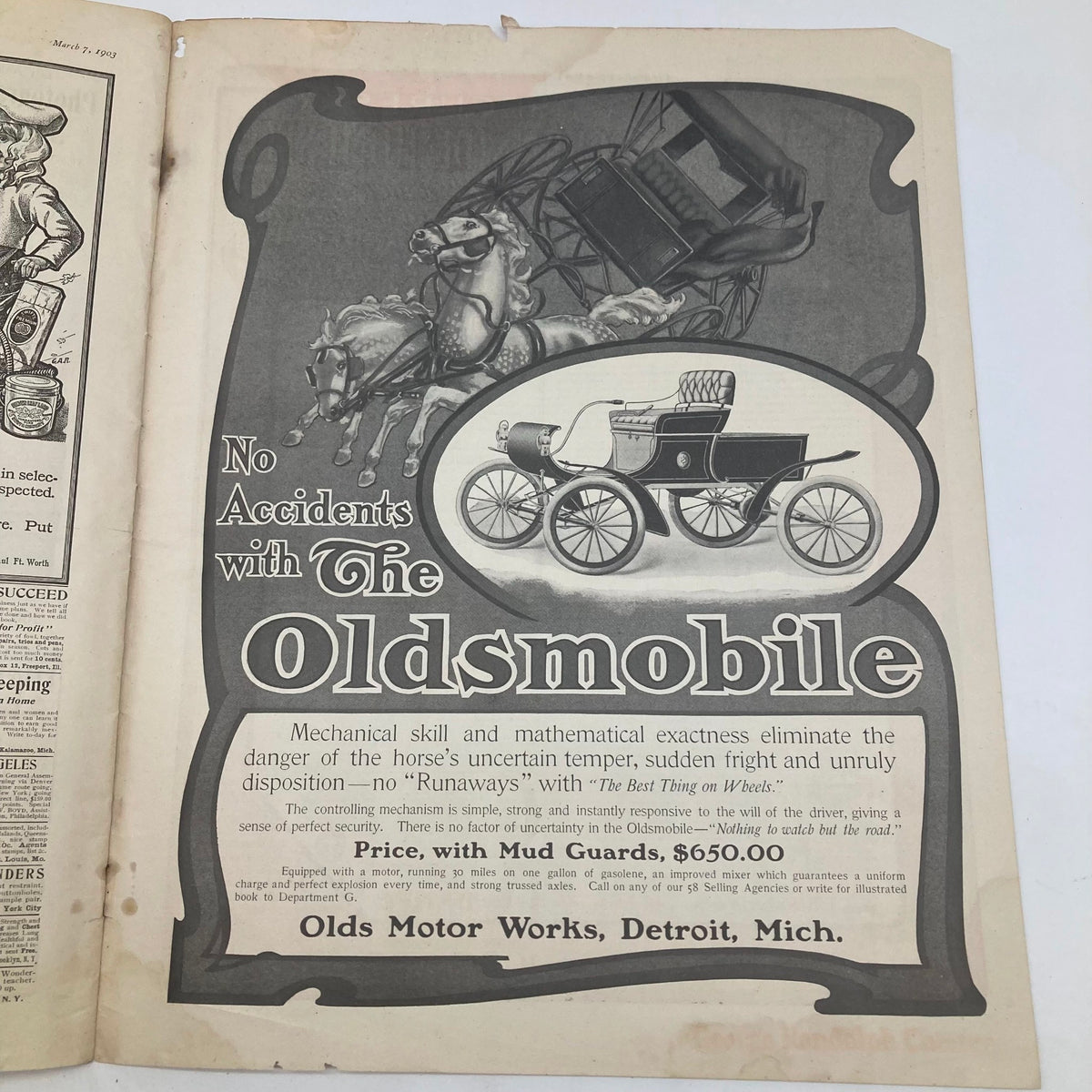 Advertisement for the Oldsmobile featured in the Saturday Evening Post from March 7, 1903, illustrating vintage automotive marketing and design from that era.