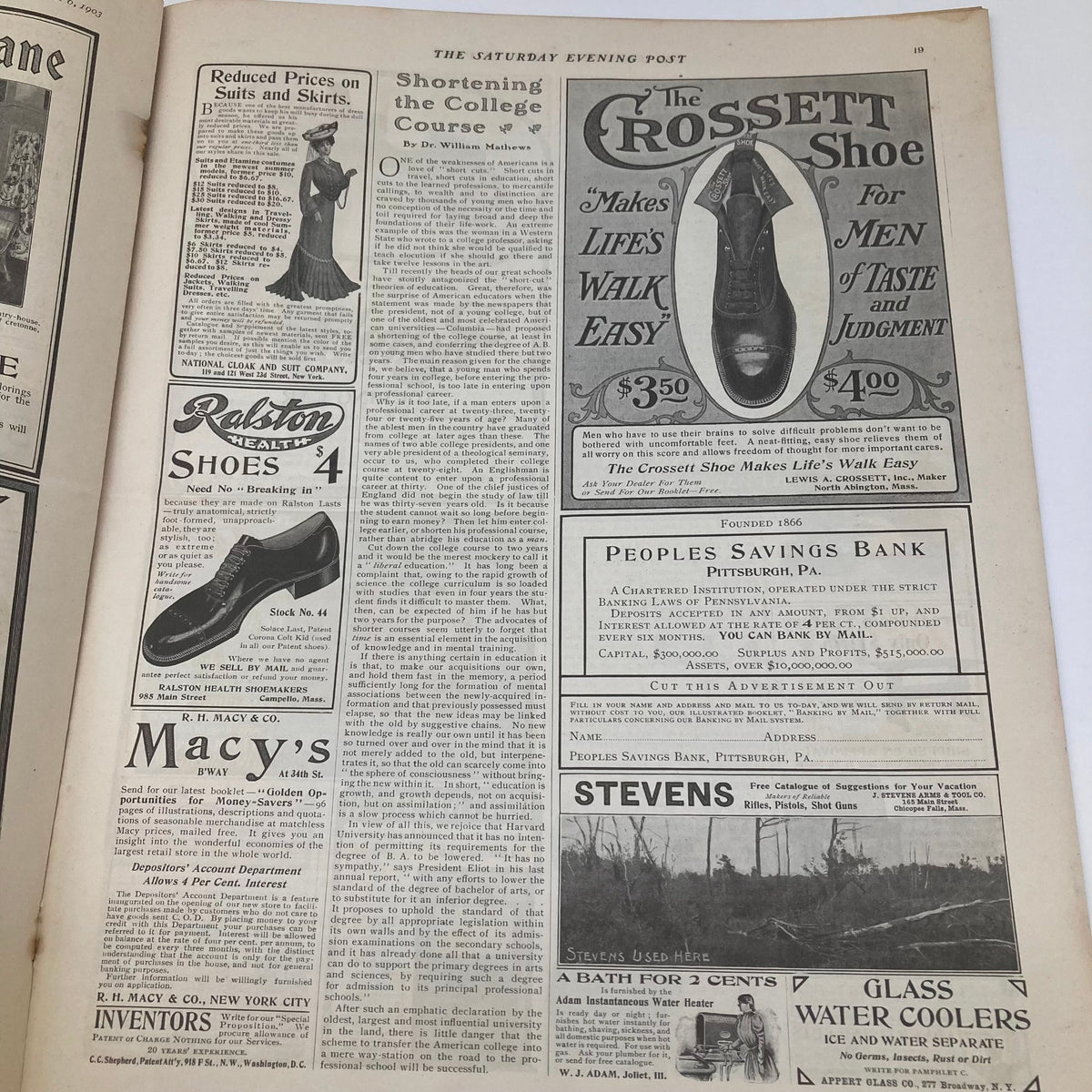 Inside page of the Saturday Evening Post June 6 1903, featuring advertisements including The Crossett Shoe and other products catering to the college demographic.
