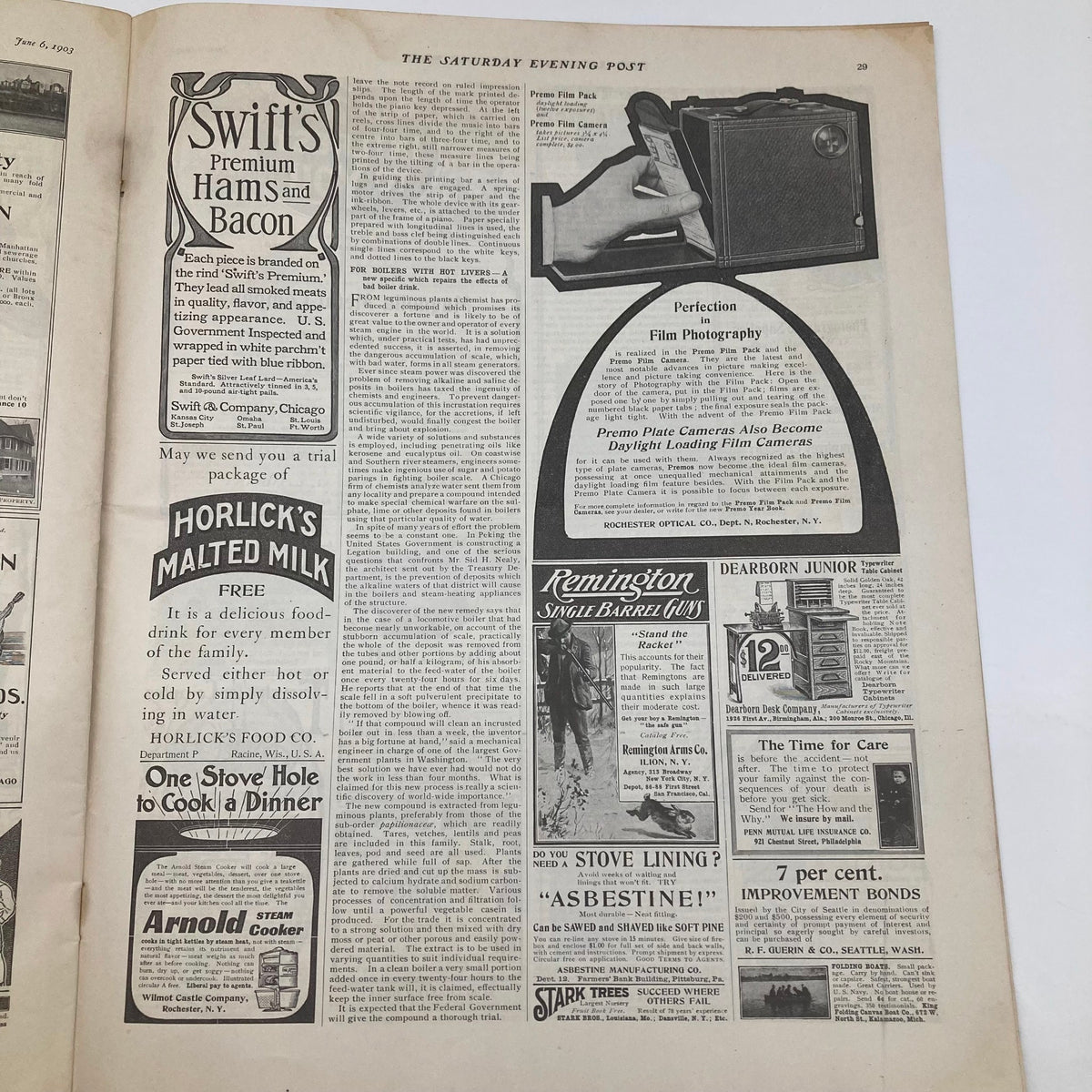 Inside page of the Saturday Evening Post June 6 1903, showcasing advertisements for Swift's Premium Hams and the Horlick's Malted Milk, highlighting early 20th-century consumer goods.