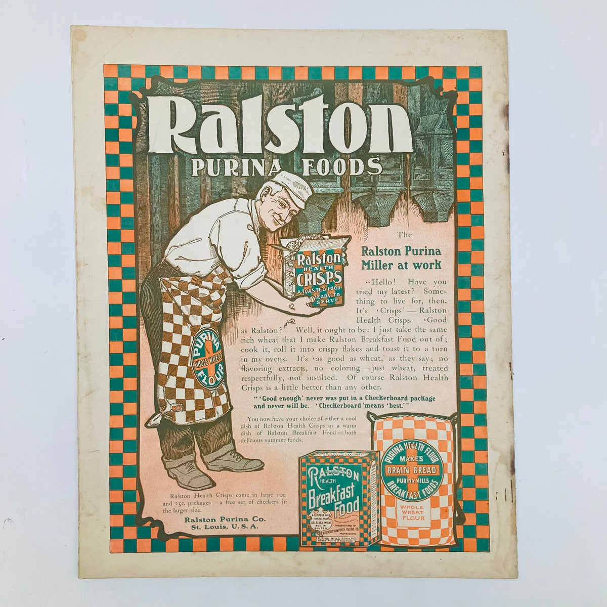 Vintage advertisement for Ralston Purina Foods, featuring a miller at work, from the Saturday Evening Post, July 25, 1903, highlighting classic early 20th-century branding.