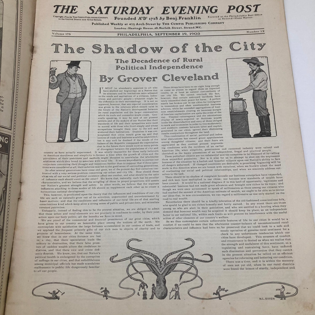 Interior page of the Saturday Evening Post Illustrated Cover from September 19, 1903, featuring an article titled 'The Shadow of the City' by Grover Cleveland, discussing political independence.