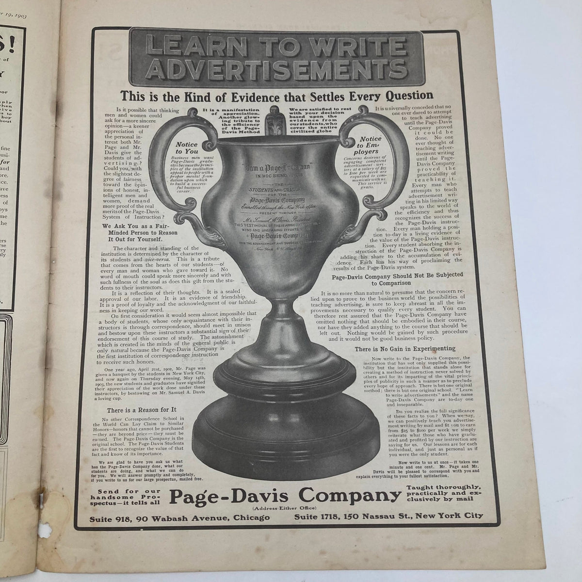 Advertisement page from the Saturday Evening Post Illustrated Cover from September 19, 1903, illustrating a trophy and promoting the Page-Davis Company’s teaching services.