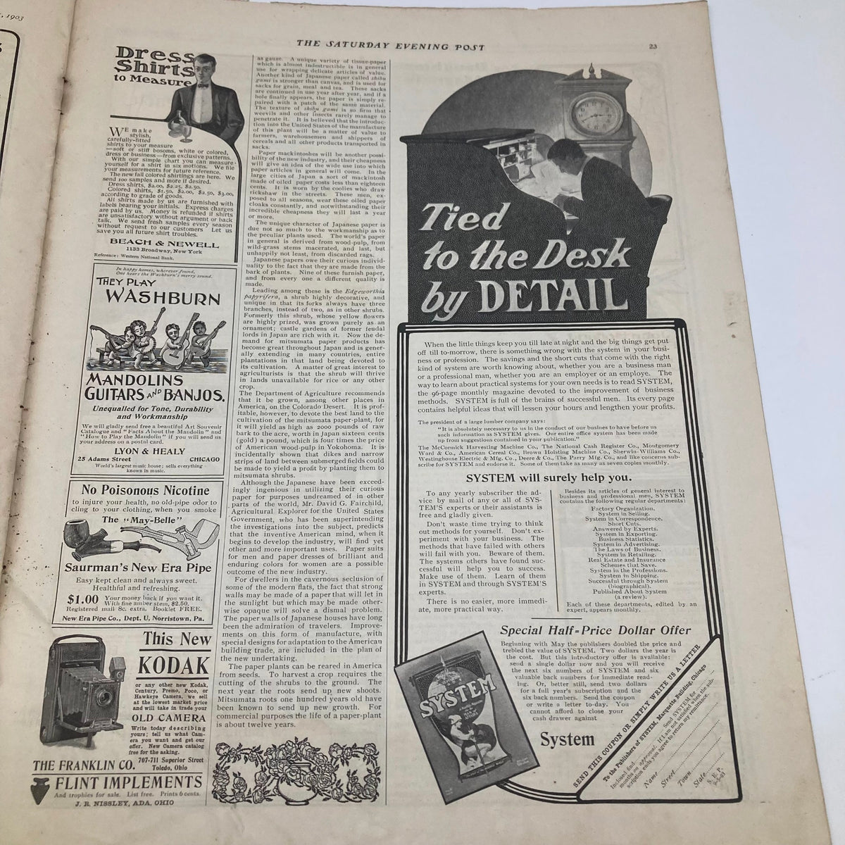 An interior page of the Saturday Evening Post featuring an article titled 'Tied to the Desk by Detail', showcasing vintage typography and layout from the early 20th century.