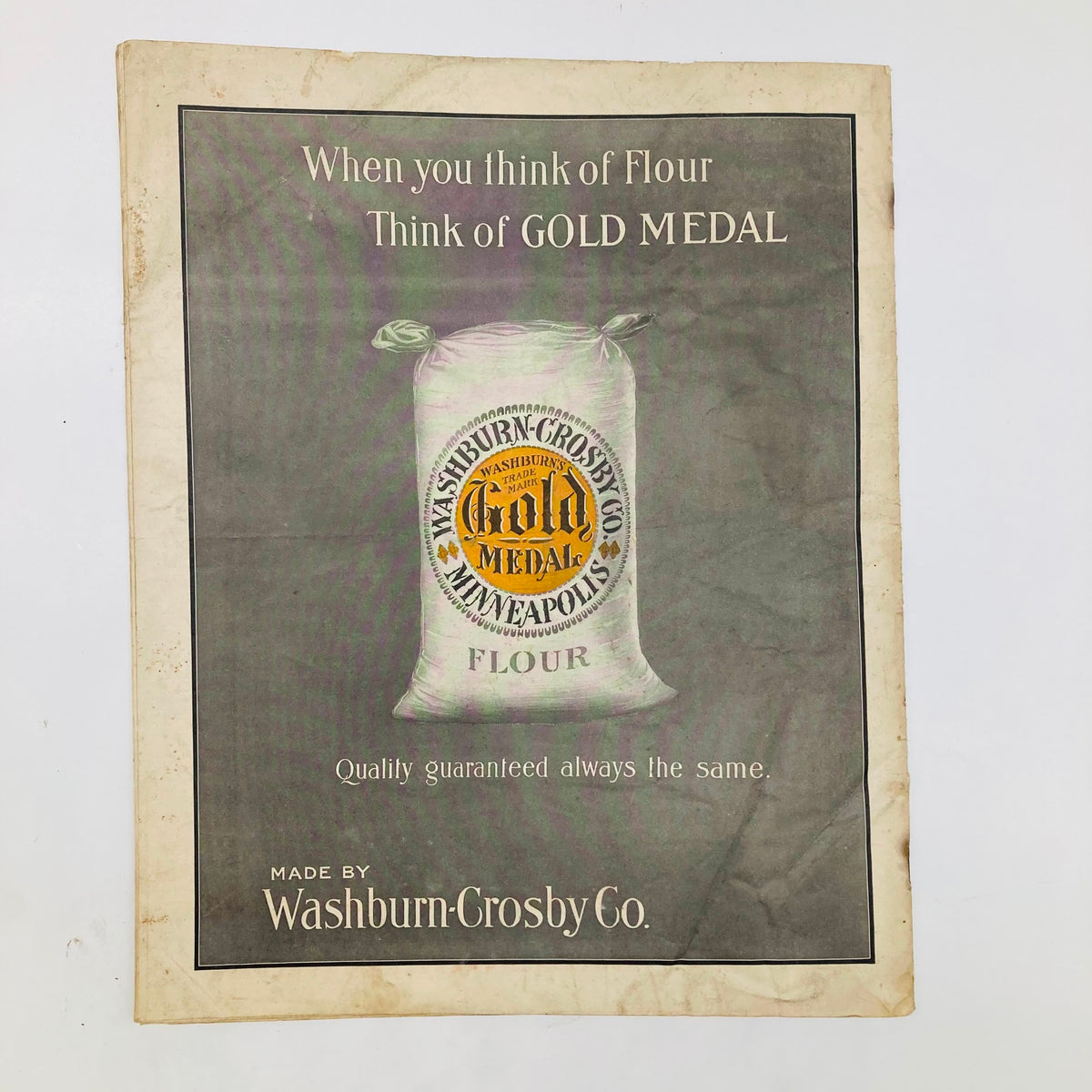 An advertisement for Gold Medal Flour by Washburn-Crosby Co., featuring an iconic flour sack design, capturing the essence of early 1900s branding and marketing.