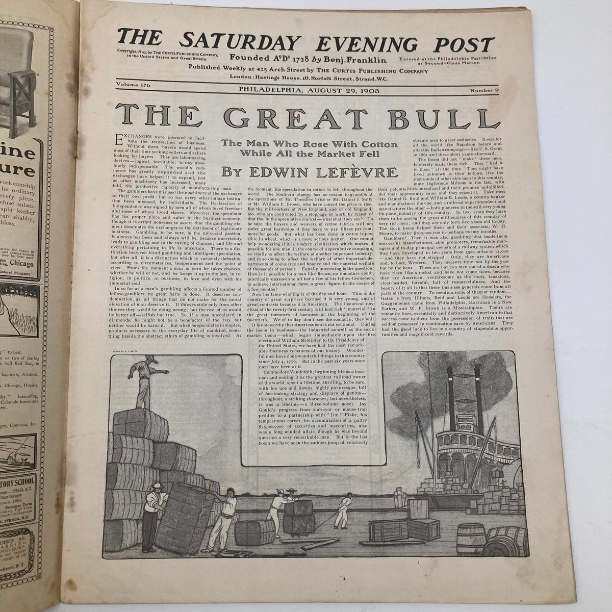 Inside page of the Saturday Evening Post August 29 1903 titled 'The Great Bull', detailing an article by Edwin Lefevre, with illustrations relevant to the theme of the issue.