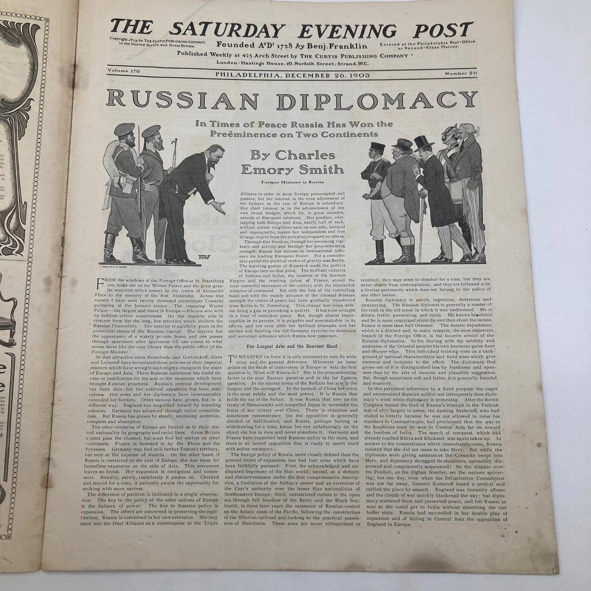 Inside page of the Saturday Evening Post from December 26, 1903, titled 'Russian Diplomacy', featuring an article by Charles Emory Smith with illustrations of diplomats.