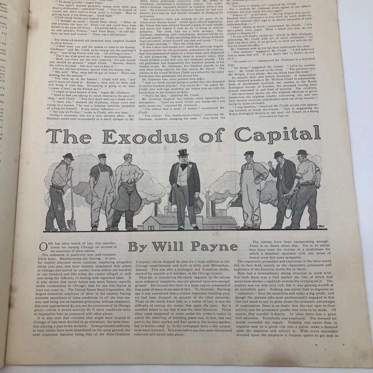 Inside page of the Saturday Evening Post from December 26, 1903, featuring an article titled 'The Exodus of Capital' by Will Payne, accompanied by illustrations depicting the industrial era.