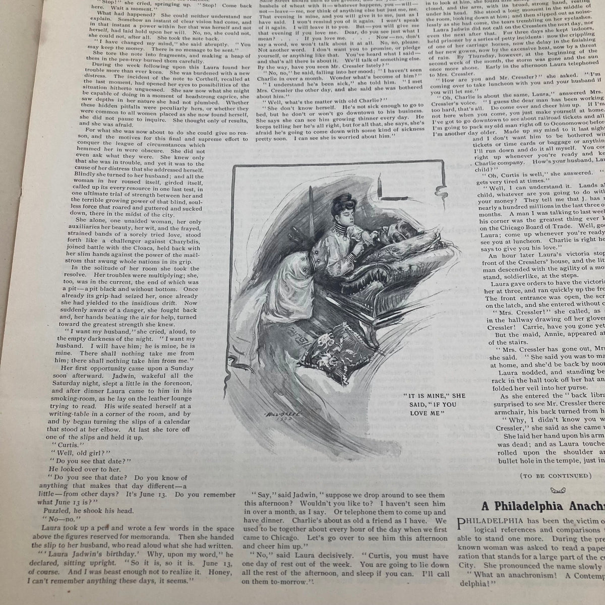 Interior page of the Saturday Evening Post Illustrated Cover January 10 1903 with an illustration of a woman speaking to a man at a bedside.