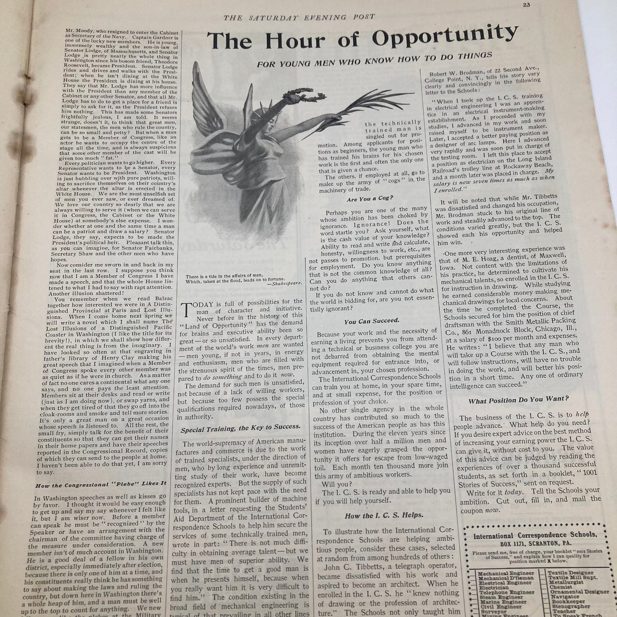 Interior page of the Saturday Evening Post Illustrated Cover January 10 1903 titled 'The Hour of Opportunity' with advice for young men.