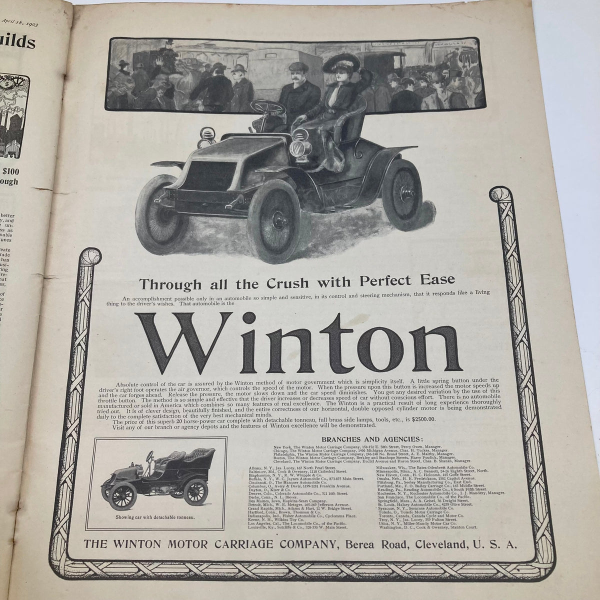 Advertisement page from Saturday Evening Post, April 18 1903, highlighting the Winton Motor Carriage Company.