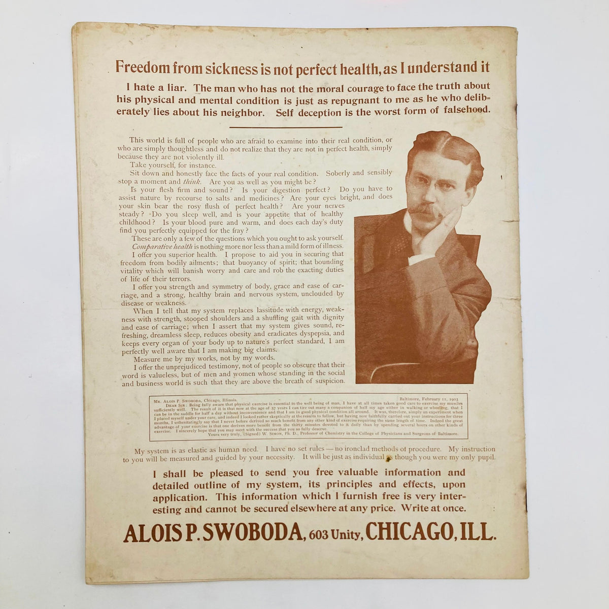 Historical document by Alois P. Swoboda addressing issues of health and honesty, reflecting early 20th-century perspectives, alongside the Saturday Evening Post Illustrated Cover April 18 1903 titled 'Despotism'.