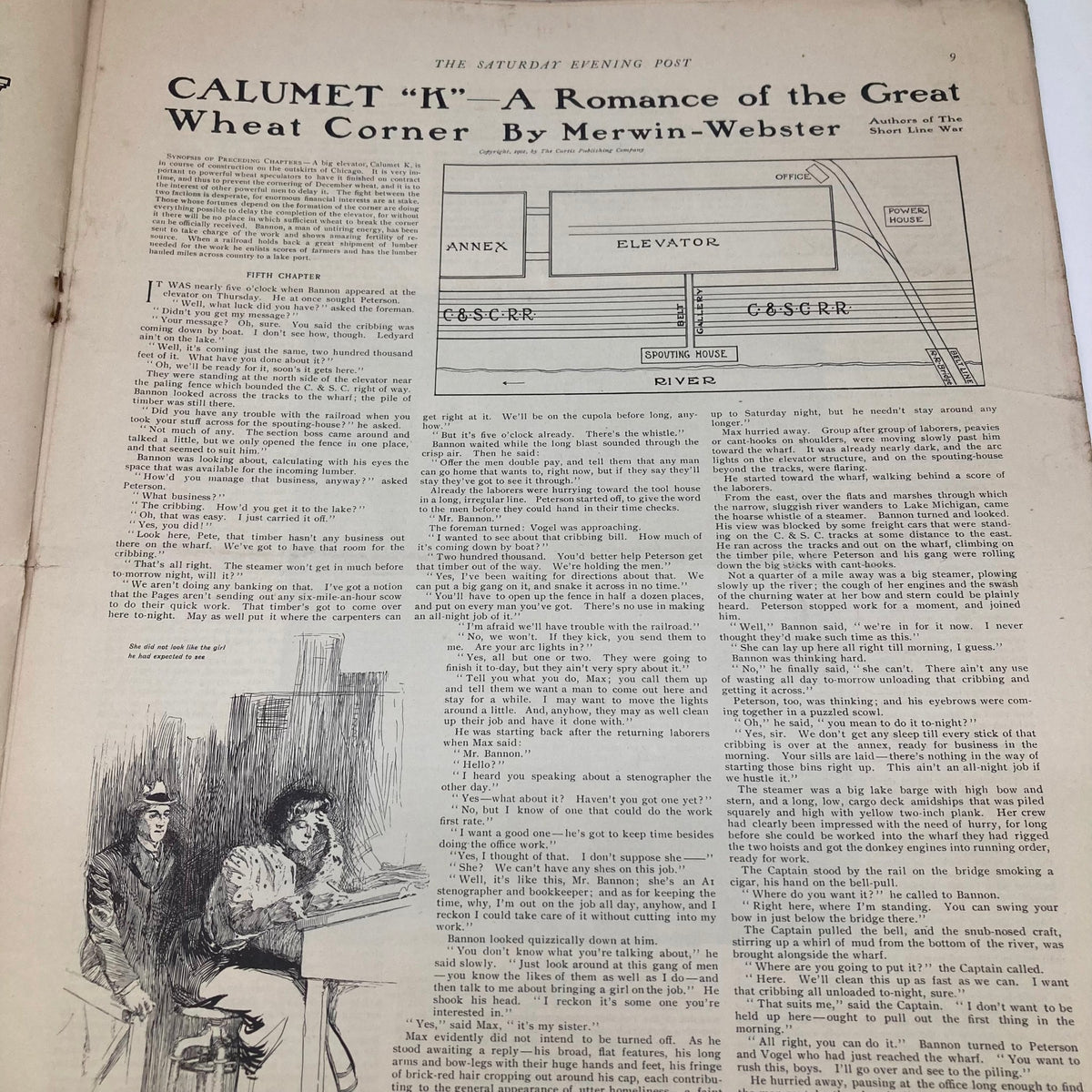 Another interior page of the Saturday Evening Post Magazine featuring the article 'CALUMET K - A Romance of the Great Wheat Corner' by Merwin-Webster.