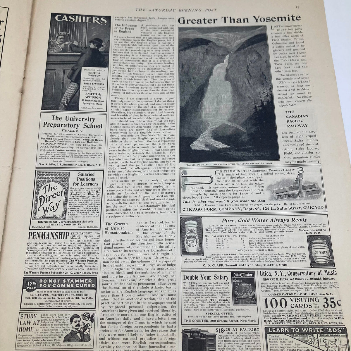 Interior page of the Saturday Evening Post Magazine highlighting various advertisements and articles, including 'Greater Than Yosemite' and 'The University Preparatory School'.