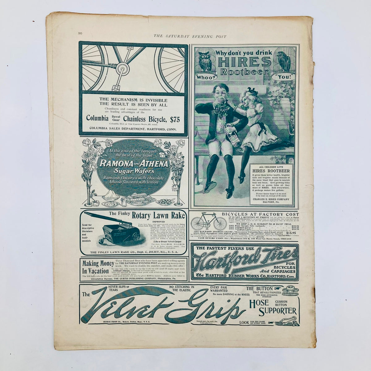 Back cover of the Saturday Evening Post Magazine showcasing vintage advertisements, including bicycles and farming equipment.
