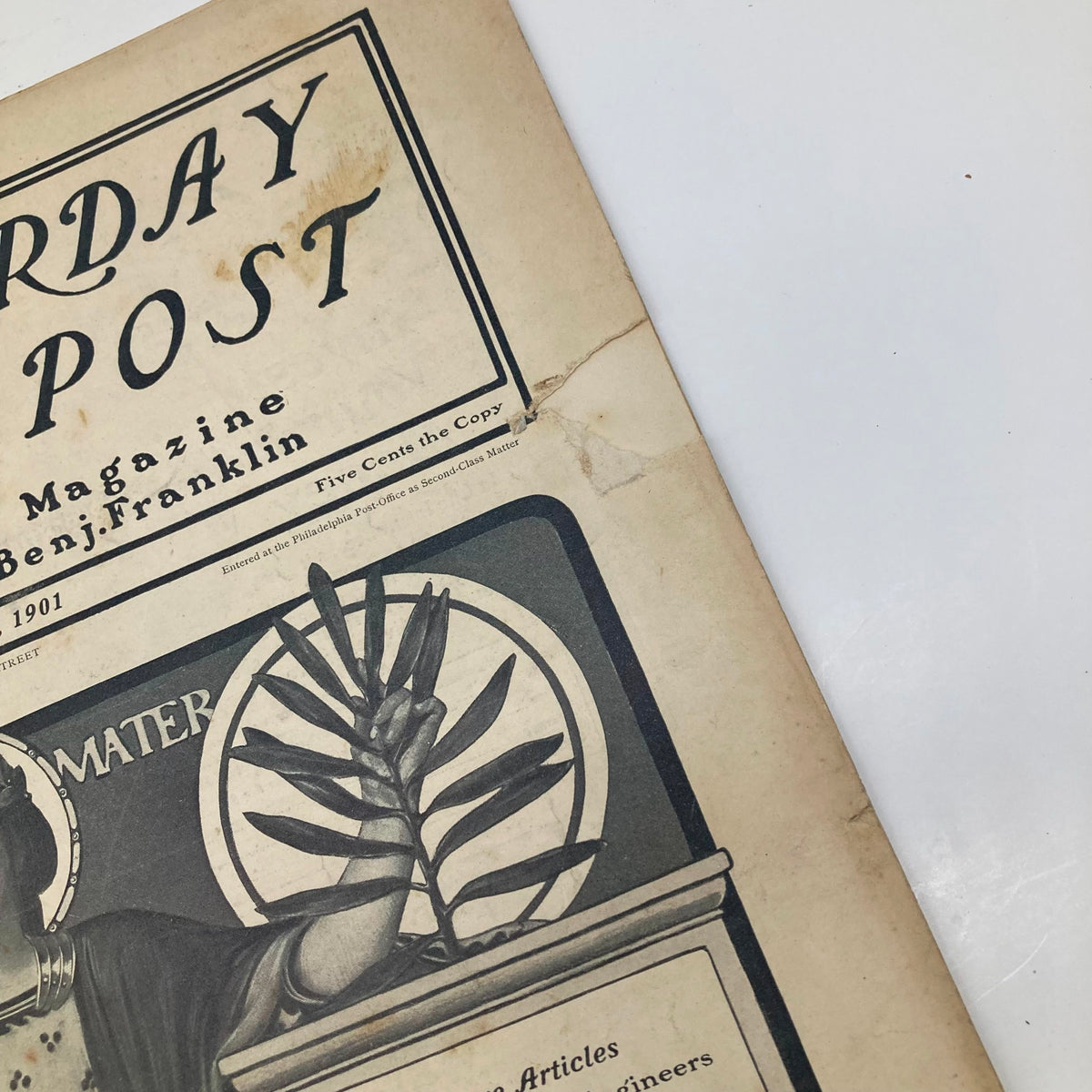 Close-up view of the Saturday Evening Post Magazine cover from June 22, 1901, highlighting details of the illustrated artwork.