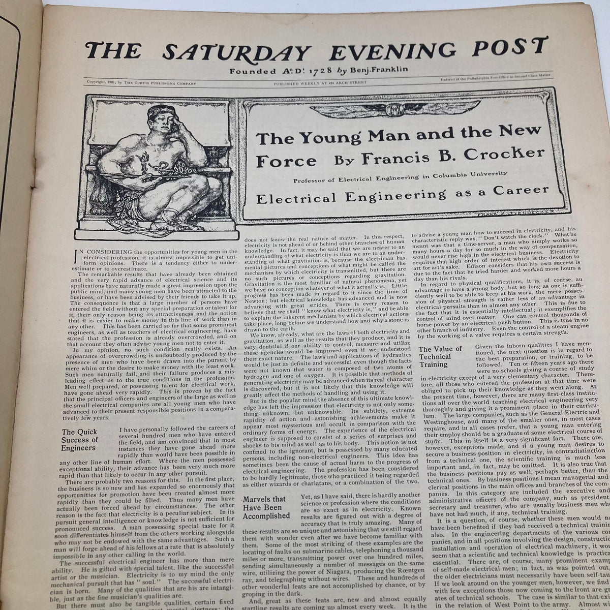 Page from the Saturday Evening Post Magazine dated June 22, 1901, featuring an article on electrical engineering by Francis B. Crocker.
