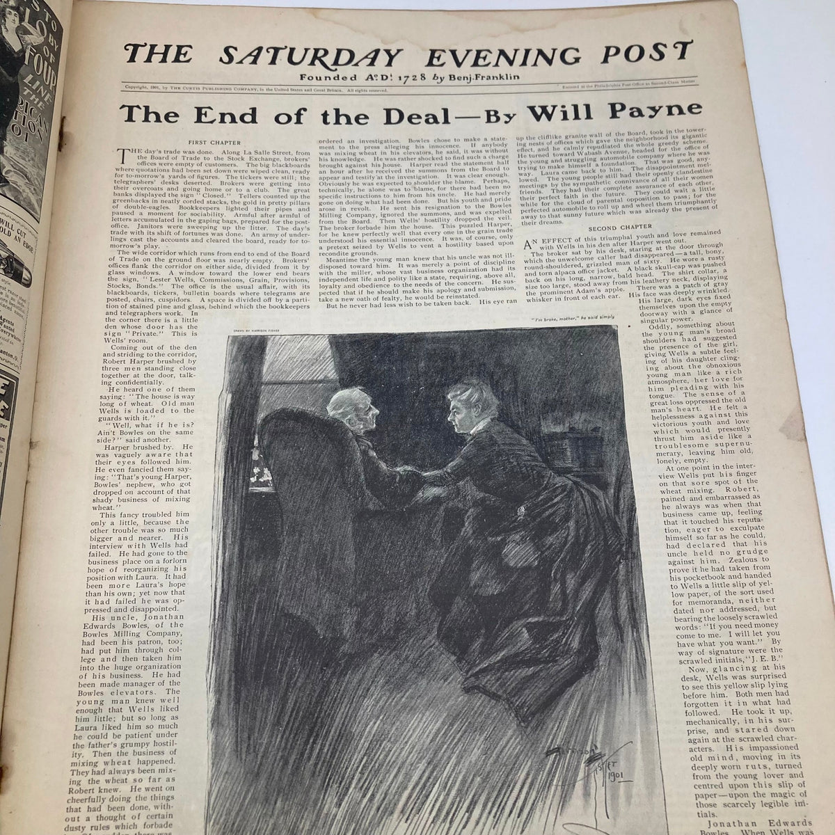 Illustrated cover of the Saturday Evening Post from August 24, 1901 titled 'The End of The Deal' featuring a vintage illustration.