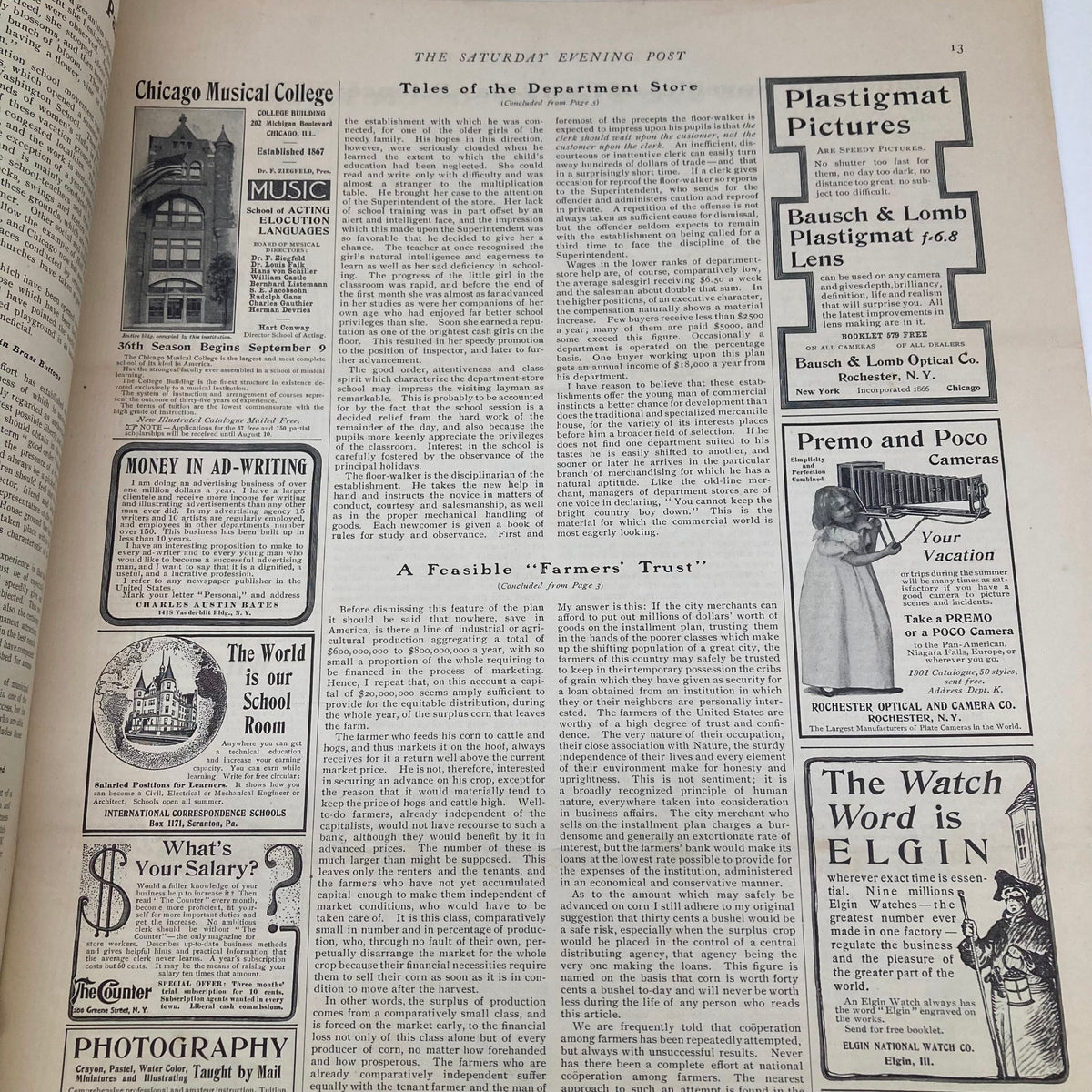Another page from the Saturday Evening Post Magazine dated August 3, 1901, with advertisements and the article 'A Feasible Farmers' Trust', highlighting agricultural themes.
