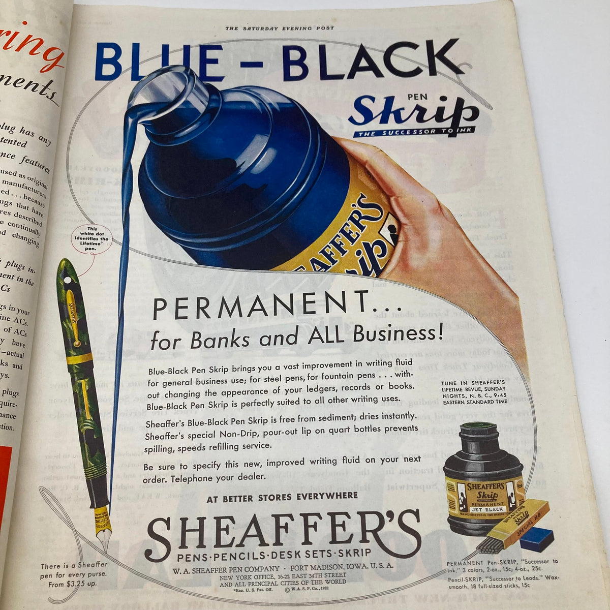 Advertisement from the VTG The Saturday Evening Post Magazine October 8, 1932, promoting Sheaffer's Blue-Black Pen Skrip for business use.