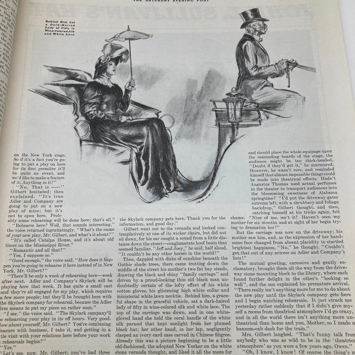 Interior illustration from the VTG The Saturday Evening Post Magazine, October 8, 1932, depicting characters discussing theater and performance.