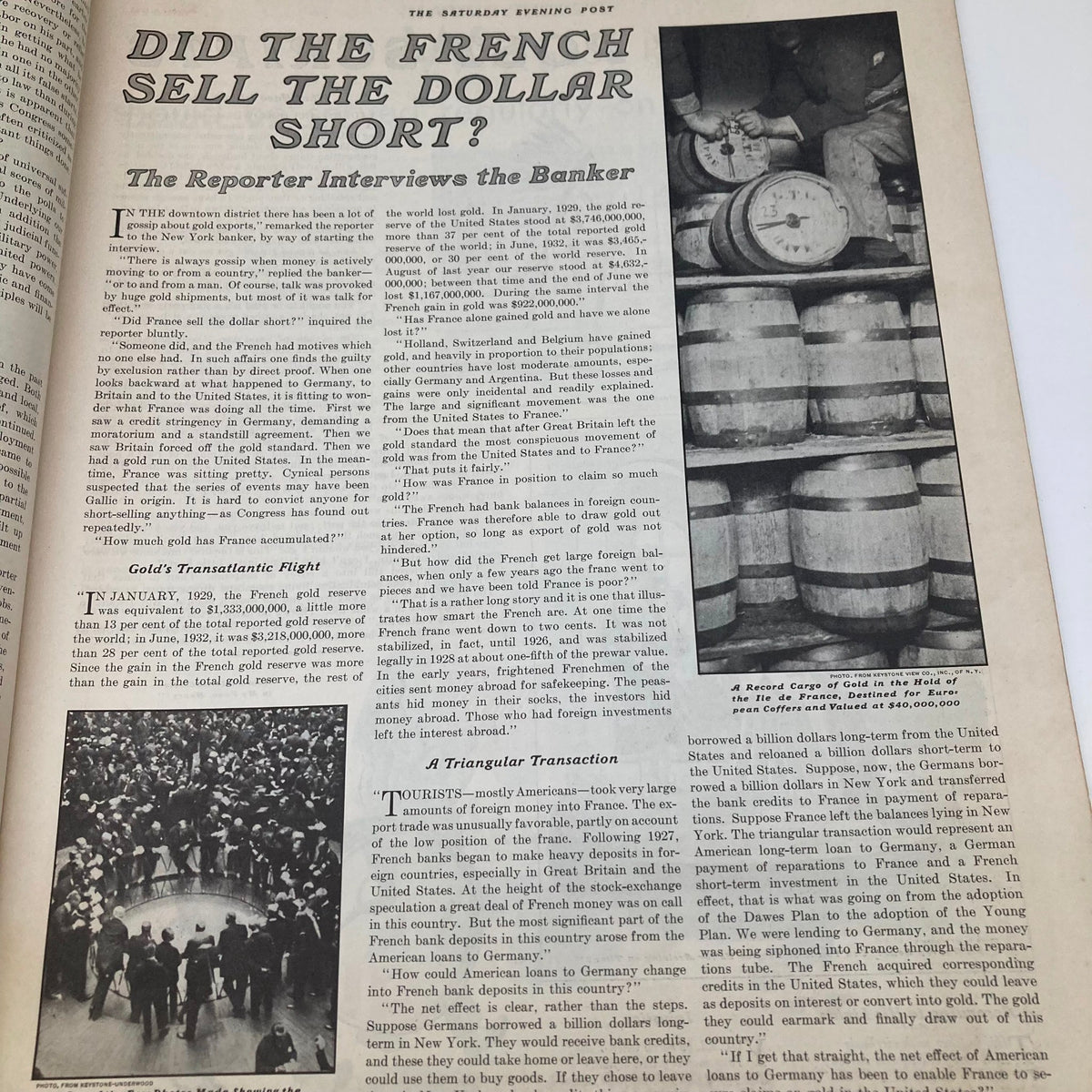 Did the French Sell the Dollar Short? An article from VTG The Saturday Evening Post Magazine October 8, 1932, discussing banking insights and economic events, featuring detailed text and historical context.