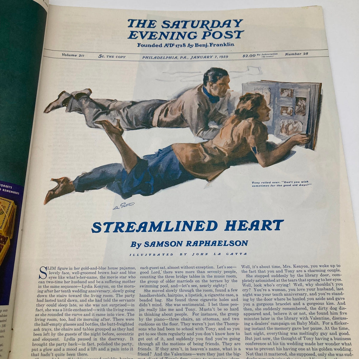 Interior page of the Saturday Evening Post magazine from January 7, 1939, showcasing the story 'Streamlined Heart' by Samson Raphaelson, illustrated by John La Gatta.