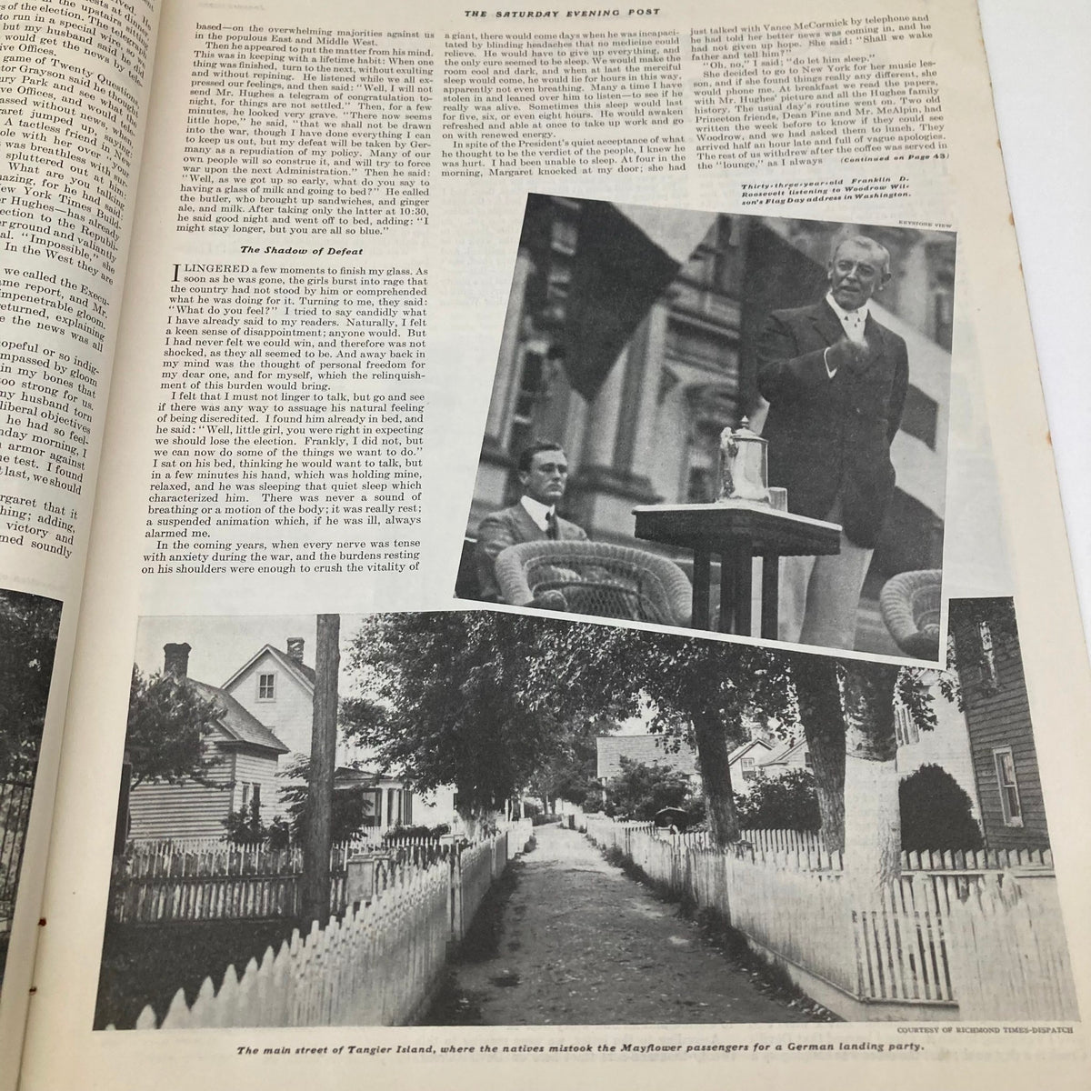 Inside page from the Saturday Evening Post magazine cover dated January 7, 1939, featuring text about Tangier Island and a vintage photograph of a gathering. This page showcases the historical context and narrative style of the magazine.