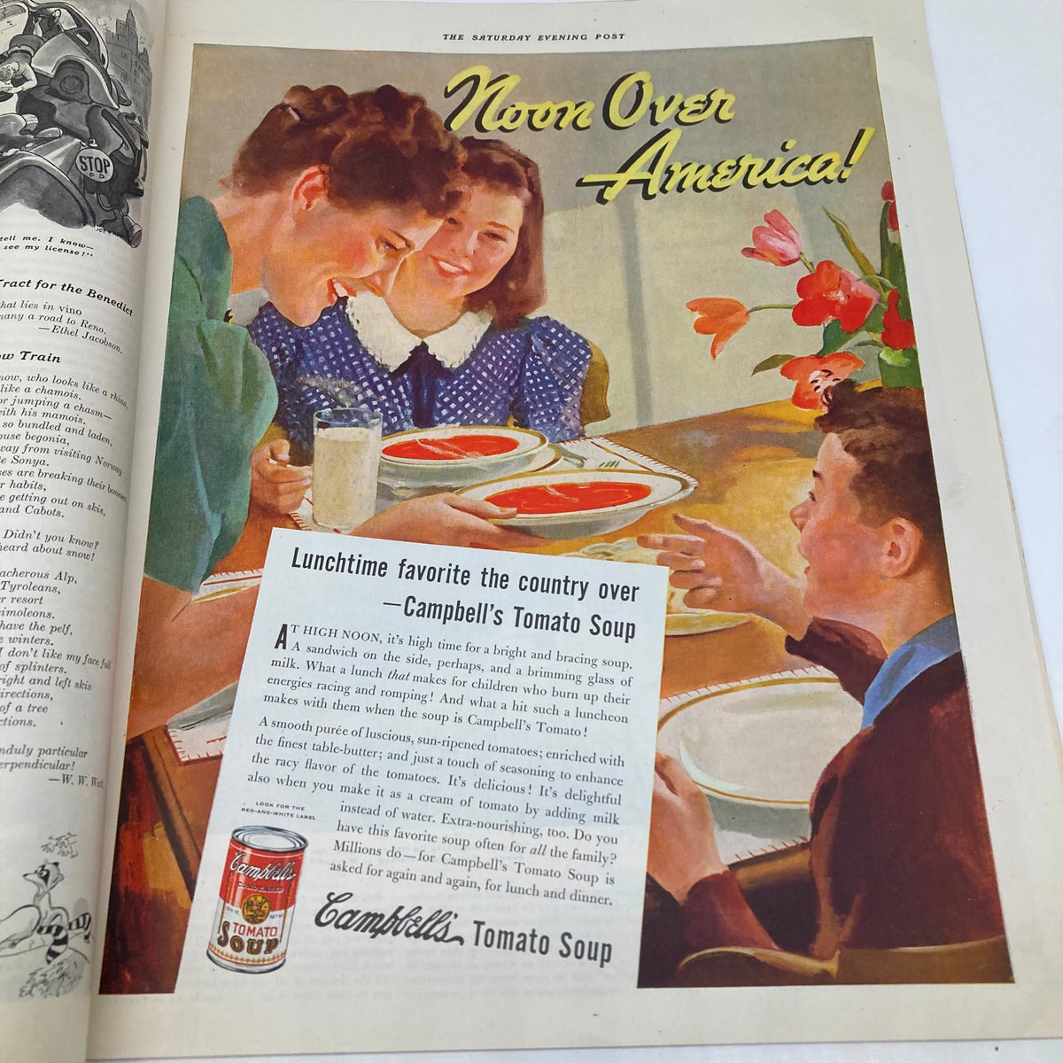 Illustration from the Saturday Evening Post magazine dated January 7, 1939, featuring a bright and nostalgic advertisement for Campbell's Tomato Soup, portraying a family enjoying lunch together.