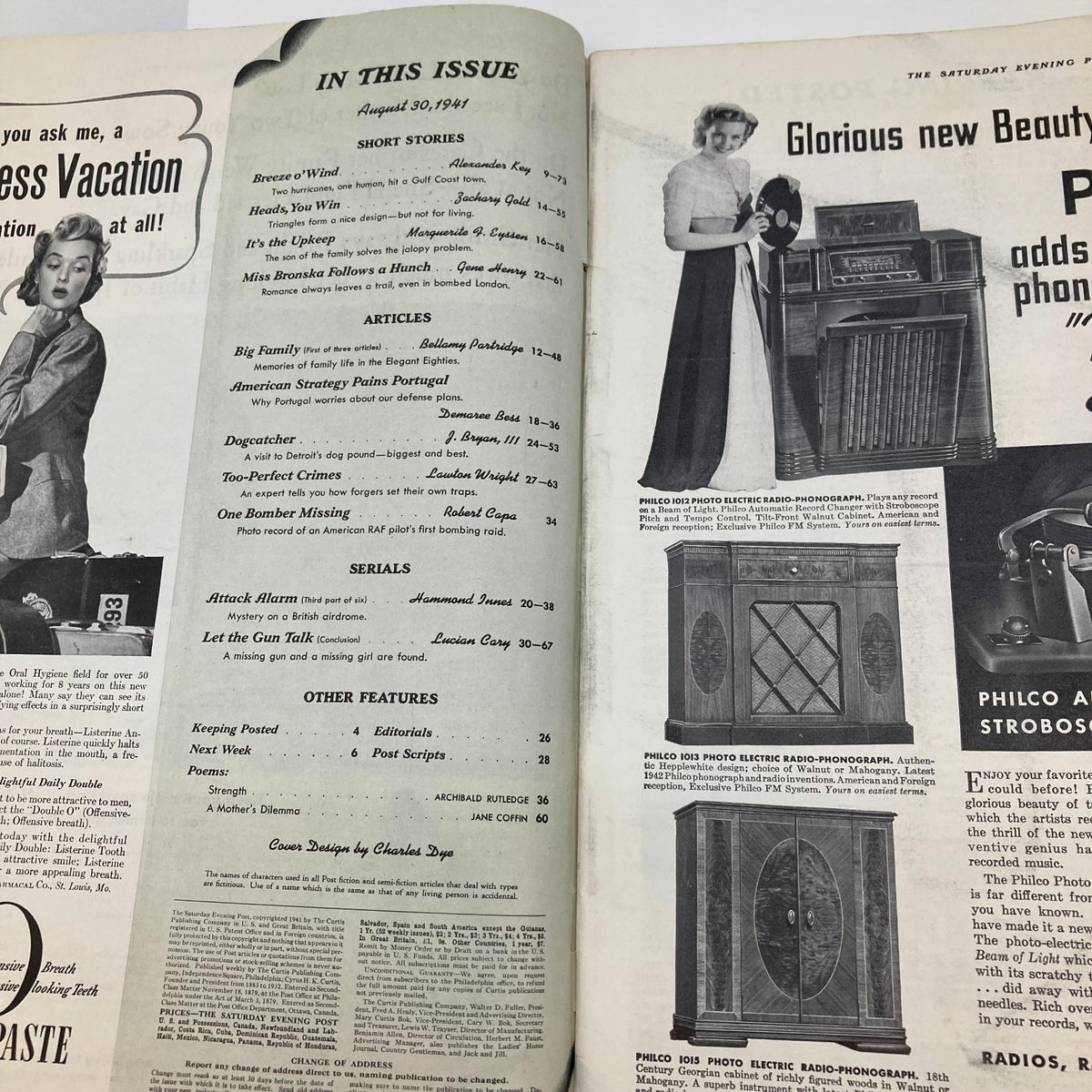 Inside the Saturday Evening Post magazine, August 30, 1941, showcasing contents including articles like 'Big Family' by Bellamy Partridge and advertisements for Philco electric radio-phono.