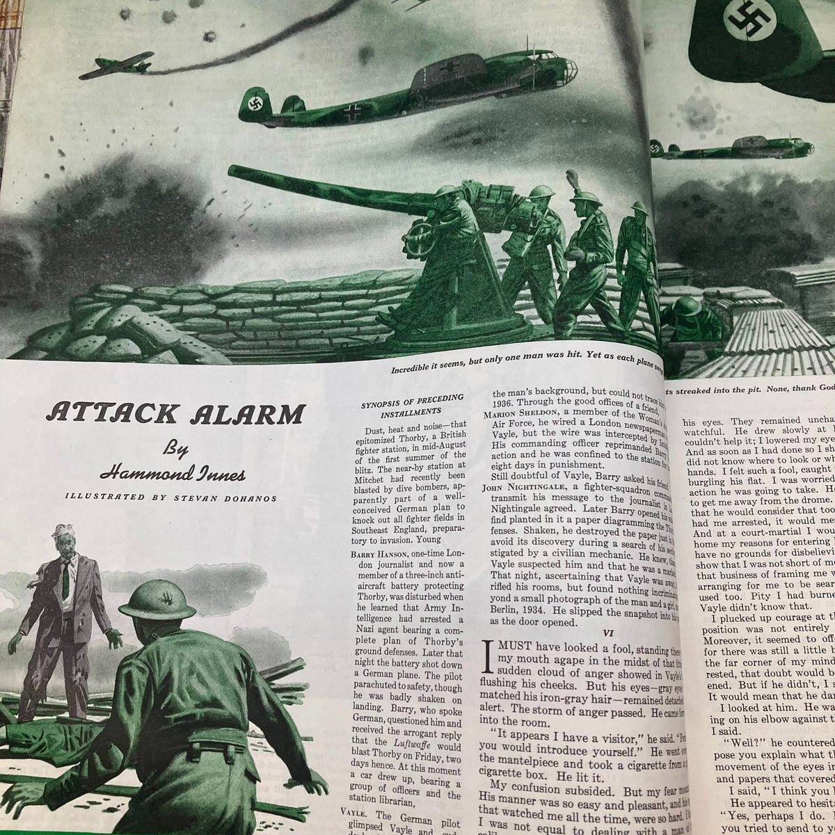 Artwork from 'Attack Alarm' in the Saturday Evening Post, August 30, 1941, illustrating military action during World War II with planes and soldiers preparing for an attack.