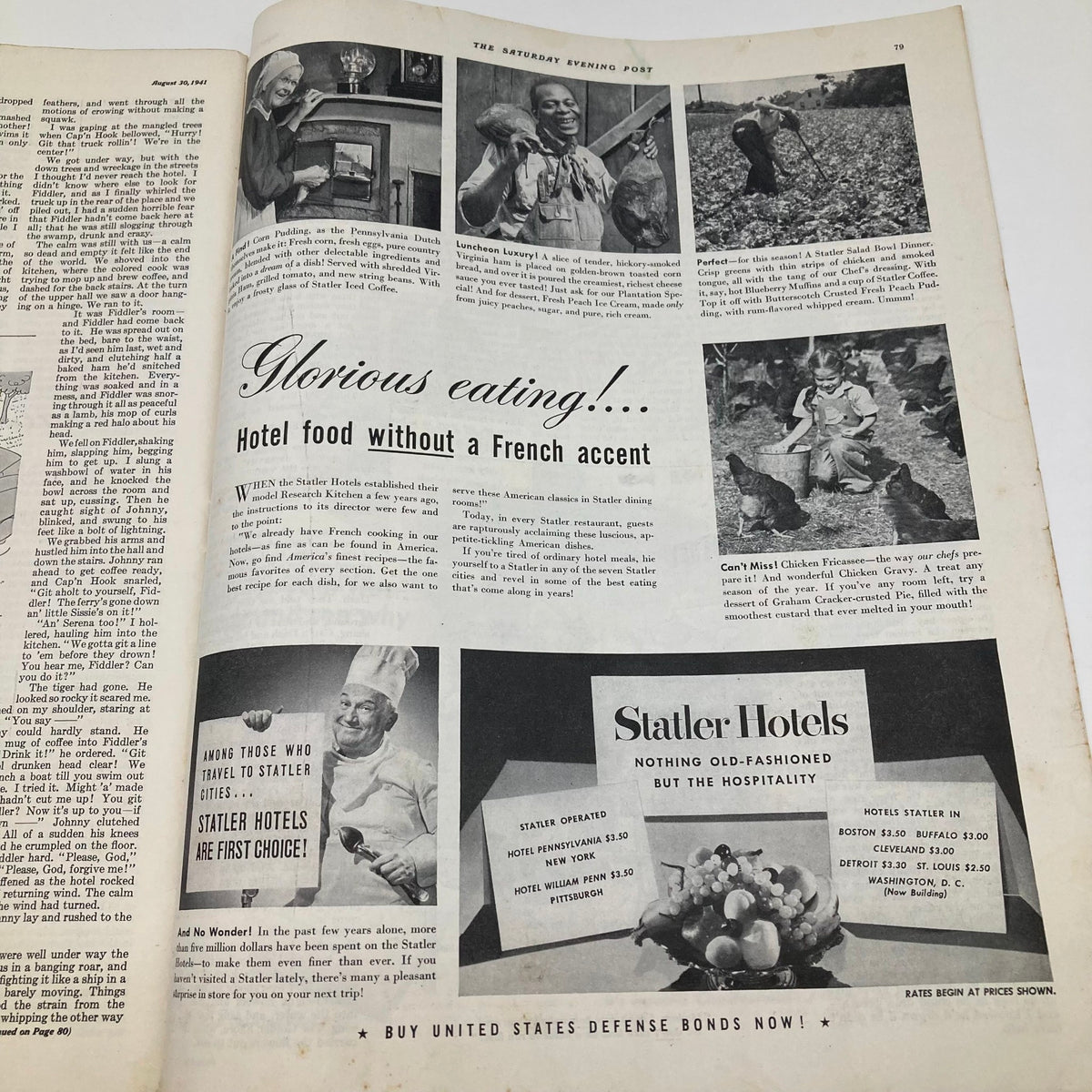 Feature page from the Saturday Evening Post, August 30, 1941, presenting various culinary offerings from Statler Hotels, showcasing a chef and delicious hotel meals.