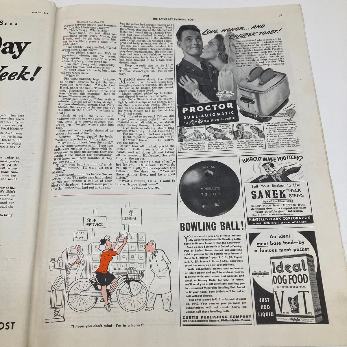 Advertorial and comic page from Saturday Evening Post June 20 1942, showing a self-service shopping scene alongside various advertisements.