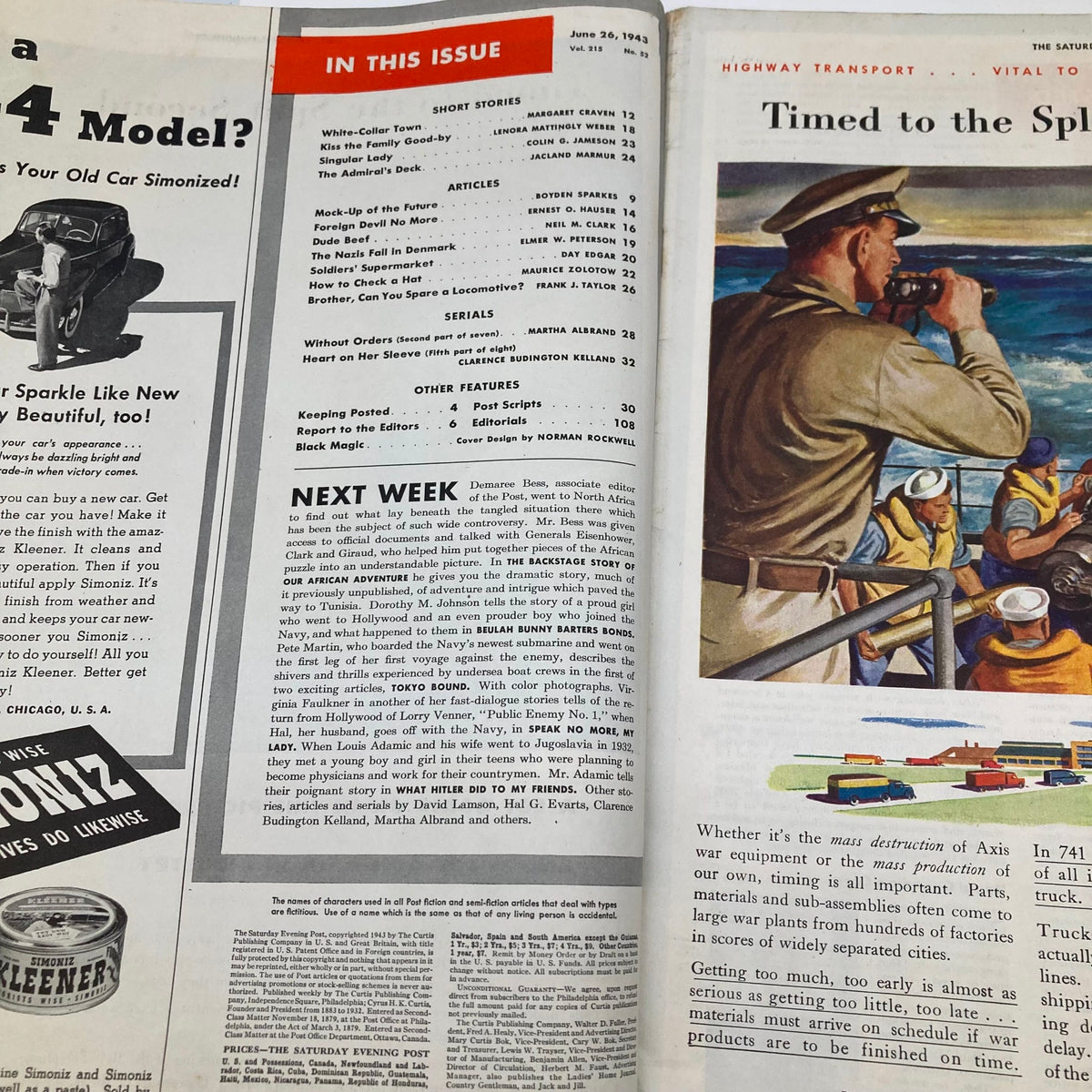 Inside page of Saturday Evening Post Illustrated Cover Magazine June 26 1943, detailing articles and features including 'Mock-Up of the Future'.