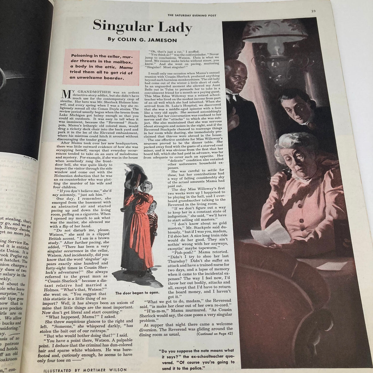 Saturday Evening Post Illustrated Cover Magazine June 26 1943 featuring 'Singular Lady', an illustration by Mortimer Wilson, showcasing a scene with a mysterious character and dramatic lighting.