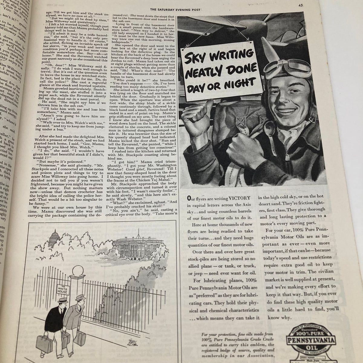 Saturday Evening Post Illustrated Cover Magazine June 26 1943 displaying a story about sky writing, featuring a joyful pilot holding a sign. The page includes detailed text and vintage illustrations.